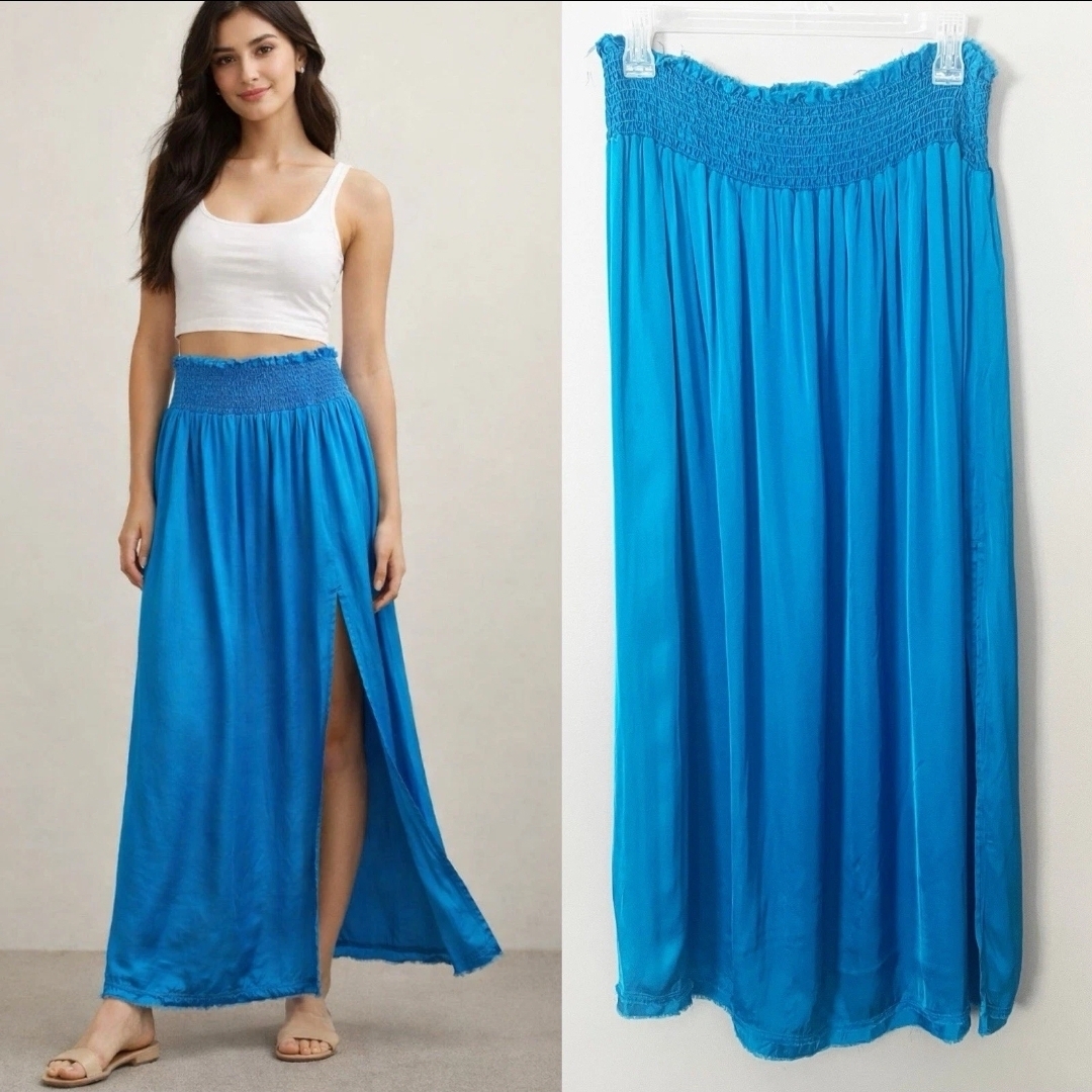 Nwt Aerie Satin Blue Maxi Skirt Smocked Waist Large Frey Hem Summer Coastal.